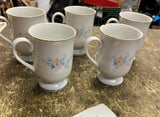 Lot of 5 Blue Morn Coffee Mugs Footed Cups Fanci Florals Porcelain China Lot Set