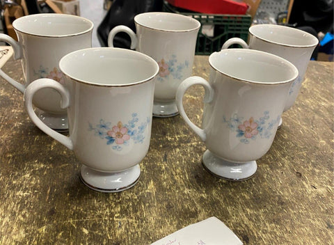 Lot of 5 Blue Morn Coffee Mugs Footed Cups Fanci Florals Porcelain China Lot Set