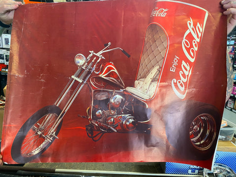 Vtg Coca Cola Harley Custom Chopper Trike ServiCar Flathead 1980 Poster Sign Adv