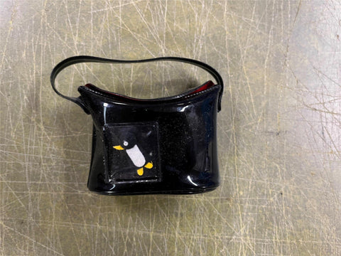 VTG Black Vinyl Childs Small Glove Hanky Purse w Penguin Dime Store Collectible