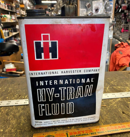 Vtg 2 gallon OIl Can International harvester Hy-tran fluid tin IH Tractor Farm