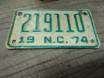 Vtg 1974 Motorcycle License Plate North Carolina No 219110 Rat Bike Man Cave