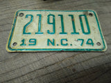 Vtg 1974 Motorcycle License Plate North Carolina No 219110 Rat Bike Man Cave
