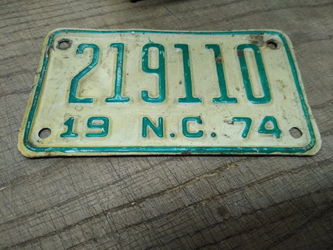 Vtg 1974 Motorcycle License Plate North Carolina No 219110 Rat Bike Man Cave