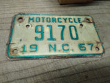 Vtg 1967 Motorcycle License Plate North Carolina No 9170 Rat Bike Man Cave