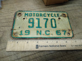 Vtg 1967 Motorcycle License Plate North Carolina No 9170 Rat Bike Man Cave