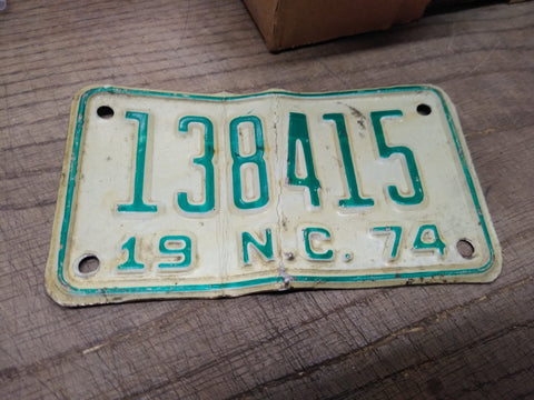 Vtg 1974 Motorcycle License Plate North Carolina No 138415 Rat Bike Man Cave