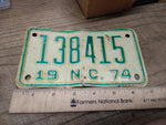 Vtg 1974 Motorcycle License Plate North Carolina No 138415 Rat Bike Man Cave