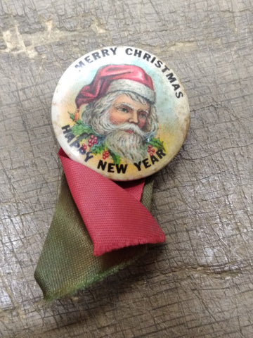 Vtg Antique Early 1900s Santa Clause Merry Christmas Happy New Year Pin w/Ribbon