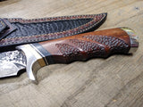 Vtg Damascus Steel Custom Fixed Blade Knife Wood Handle Leather Sheath 10.5"