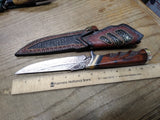 Vtg Damascus Steel Custom Fixed Blade Knife Wood Handle Leather Sheath 10.5"