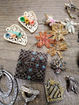 Vtg 30+ Piece Jewelry Parts/Scrap Lot Stick Pins Brooches Earrings Rhinestones