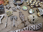 Vtg 30+ Piece Jewelry Parts/Scrap Lot Stick Pins Brooches Earrings Rhinestones