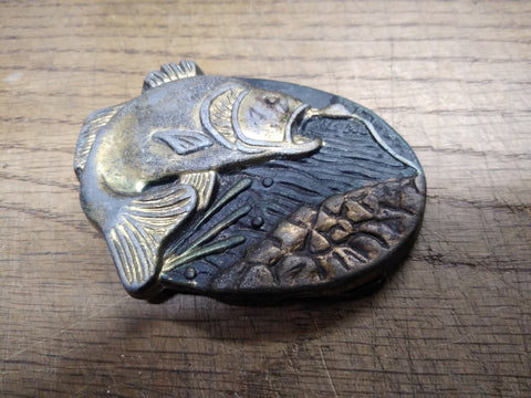 Vtg M.B.G.I. USA Large Mouth Bass Fisherman's Brass Belt Buckle 3.5" x 2.5"