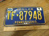 Vtg 1973 Pennsylvania Trailer License Plate TF 87948 Nice Shape!