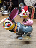 Vtg Wind Up Hopping Bunny Rabbit w/Baby Litho Tin Toy Made In Japan Key Working!