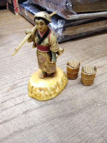 Vtg Asian Woman Carrying Buckets Resin Figurine Sculpture Japan