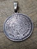 Vtg 925 Sterling Silver Aztec Sun Calendar Necklace Pendant Charm 1.5 inch
