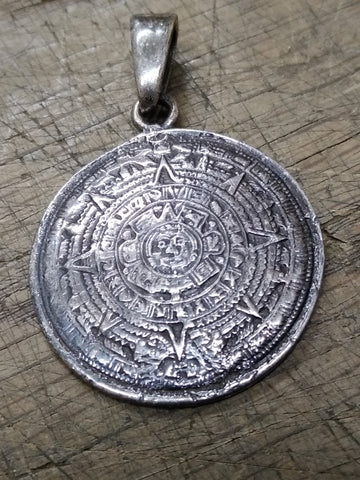 Vtg 925 Sterling Silver Aztec Sun Calendar Necklace Pendant Charm 1.5 inch