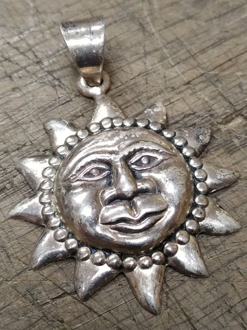 Vtg 925 Sterling Smiling Sun Face Necklace Pendant Charm 1 3/8 inch