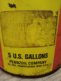 Vtg 5 Gallon Pennzoil SAE 20 Motor Oil Can Red Yellow Metal United States Steel