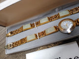 Vtg Women's Gem Time Jade & Gold Tone Quartz Watch Set 7.75" Working w/Box Nice!