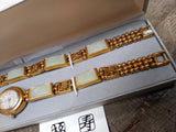 Vtg Women's Gem Time Jade & Gold Tone Quartz Watch Set 7.75" Working w/Box Nice!