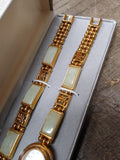 Vtg Women's Gem Time Jade & Gold Tone Quartz Watch Set 7.75" Working w/Box Nice!