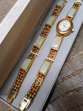 Vtg Women's Gem Time Jade & Gold Tone Quartz Watch Set 7.75" Working w/Box Nice!