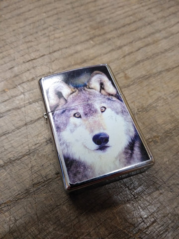 Vtg 2005 Zippo Lone Wolf Face Cigarette Lighter Chrome Working Nice Snap!