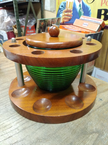 Vtg 8 Piece Wooden Bee Hive Green Glass Pipe Rack Stand Holder Tobacco Humidor