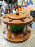Vtg 8 Piece Wooden Bee Hive Green Glass Pipe Rack Stand Holder Tobacco Humidor