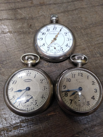 Vtg 3 Pc Pocket Watch Parts and Repair Lot New England 2 x Ingersoll