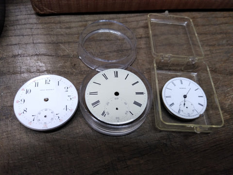Vtg 3 Pc Pocket Watch Parts Repair Lot Civic Fidelis Movements Porcelain Dials