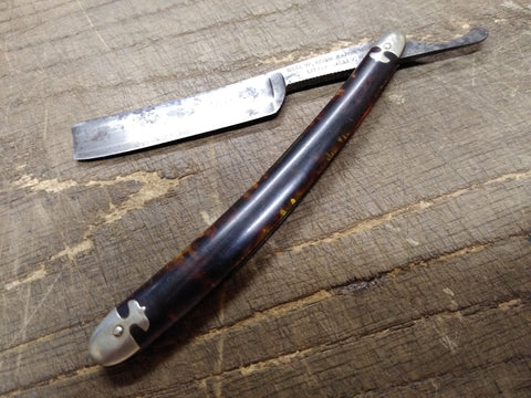 Vtg 1902 Geo W Korn Double Hollow Straight Edge Razor Celluloid Scales Bolsters