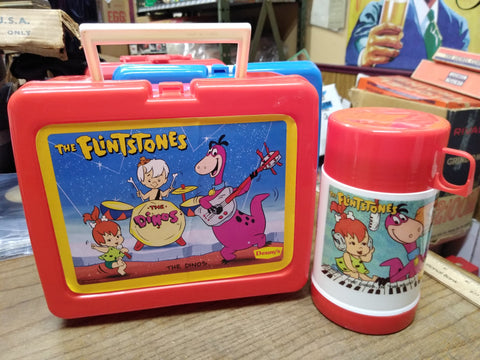 VTG 1989 Hanna Barabara Flintstones The Dino's Red Plastic Lunch Box w/Thermos