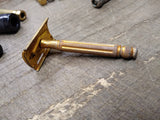 Vtg Gillette 3 Pc Gold Tone Tech Double Edge Safety Razor Good Condition U.S.A