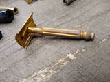 Vtg Gillette 3 Pc Gold Tone Tech Double Edge Safety Razor Good Condition U.S.A