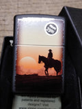 Vtg Unfired 2016 Zippo Cigarette Lighter Cowboy Sunset Black w/Box Great Shape!