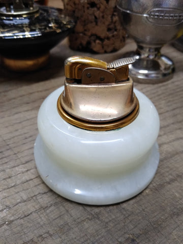 Vtg MCM EVANS Table Top Cigarette Lighter Round White Marble Gold Tone Top USA!