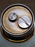 Vtg MCM EVANS Table Top Cigarette Lighter Round White Marble Gold Tone Top USA!