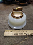 Vtg MCM EVANS Table Top Cigarette Lighter Round White Marble Gold Tone Top USA!