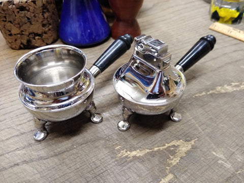Vtg MCM Table Top Cigarette Holder Lighter Set ASR 3 Footed Rhodium Plate USA!