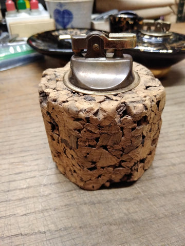 Vtg MCM Cork and Brass Table Top Cigarette Lighter 3.5" Tall Japan!
