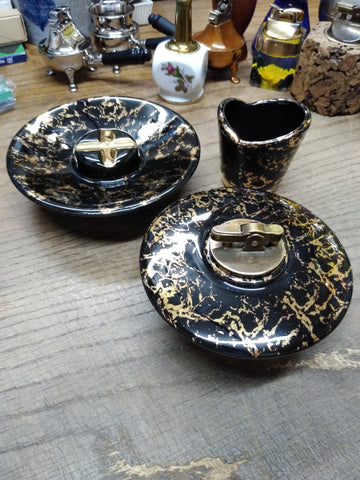 Vtg MCM NASH Table Top Cigarette Lighter Holder Ashtray Set Black Gold Leaf Nice