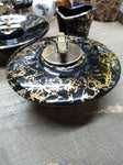 Vtg MCM NASH Table Top Cigarette Lighter Holder Ashtray Set Black Gold Leaf Nice