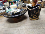 Vtg MCM NASH Table Top Cigarette Lighter Holder Ashtray Set Black Gold Leaf Nice