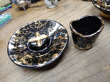Vtg MCM NASH Table Top Cigarette Lighter Holder Ashtray Set Black Gold Leaf Nice