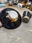 Vtg MCM NASH Table Top Cigarette Lighter Holder Ashtray Set Black Gold Leaf Nice