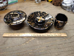 Vtg MCM NASH Table Top Cigarette Lighter Holder Ashtray Set Black Gold Leaf Nice